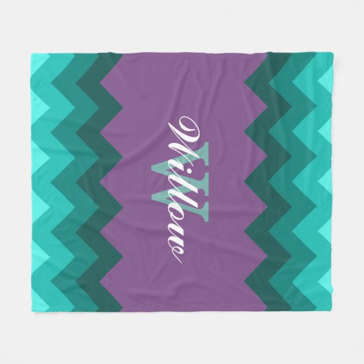 Blauwgroen Ombre Chevrons Monogram Fleece Blanket (Voorkant (Horizontaal))