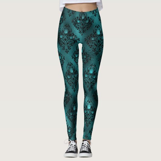 Blauwgroen Ombre Glam Glitter Damask Patroon Leggings (Voorkant)