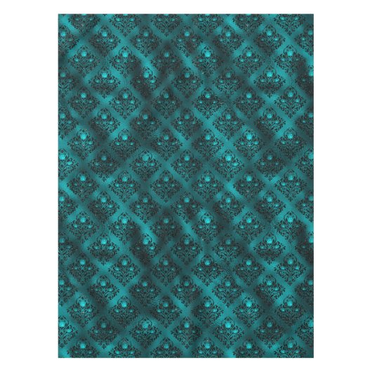Blauwgroen Ombre Glam Glitter Damask Patroon Tafelkleed (Voorkant)