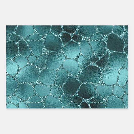 Blauwgroen Ombre Glam Glitter Oerwoud Dierenafdruk Inpakpapier Vel (Voorkant 2)
