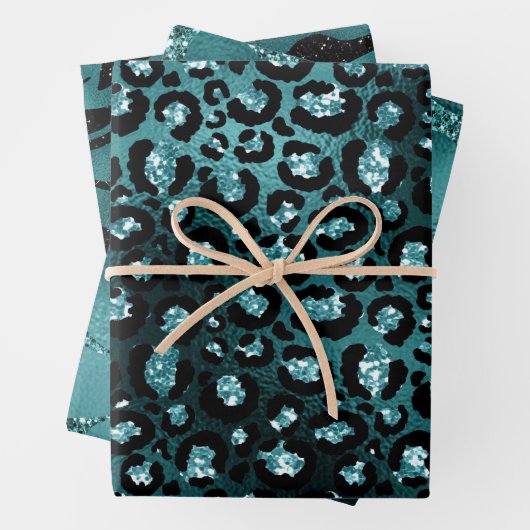 Blauwgroen Ombre Glam Glitter Oerwoud Dierenafdruk Inpakpapier Vel (In situ)