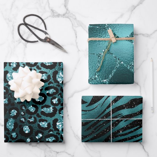 Blauwgroen Ombre Glam Glitter Oerwoud Dierenafdruk Inpakpapier Vel (Voorkant)