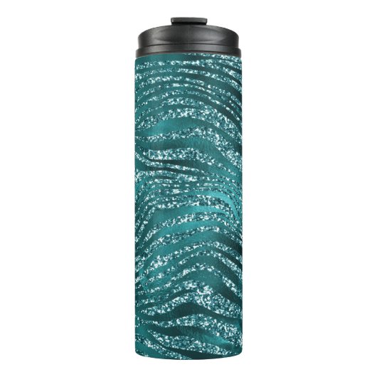 Blauwgroen Ombre Glam Glitter Tiger Stripes Patroo Thermosbeker (Voorkant)