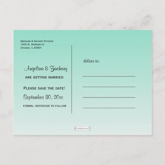 Blauwgroen Ombre Sla de datum Wedding Post Kaart (Achterkant)