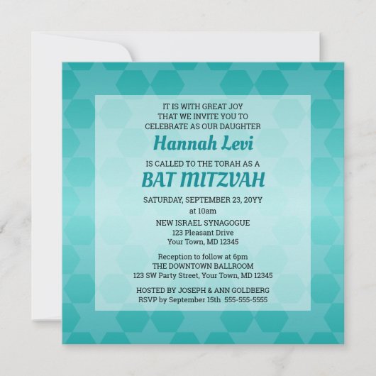 Blauwgroen Ombre-ster van David Bat Mitswa Square Kaart (Voorkant)