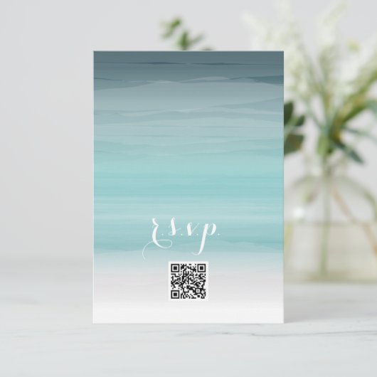 Blauwgroen Ombré Wedding QR-code RSVP Kaartje (Staand voorkant)