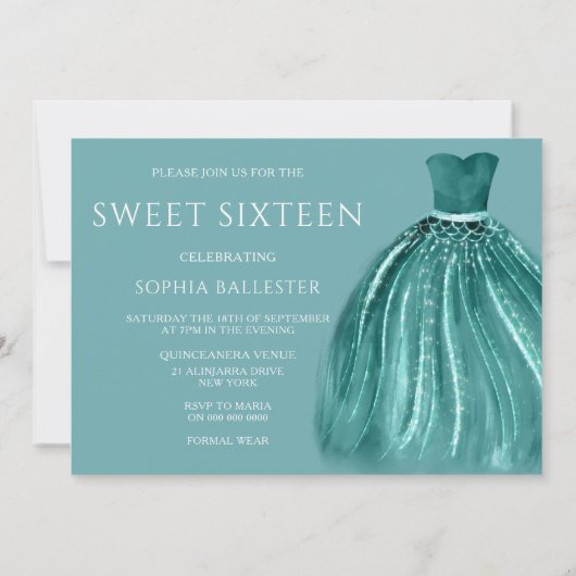 Blauwgroen onder de Zee Mermaid Dress Sweet 16 Par Kaart (Achterkant)