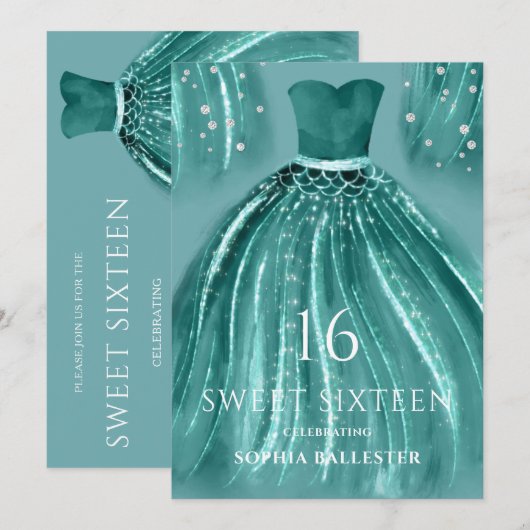 Blauwgroen onder de Zee Mermaid Dress Sweet 16 Par Kaart (Voorkant / Achterkant)