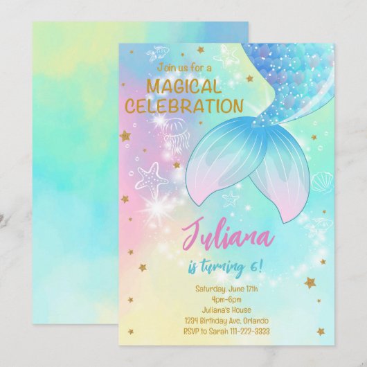 Blauwgroen Onder het Zee Mermaid Tail Birthday Inv Kaart (Voorkant / Achterkant)