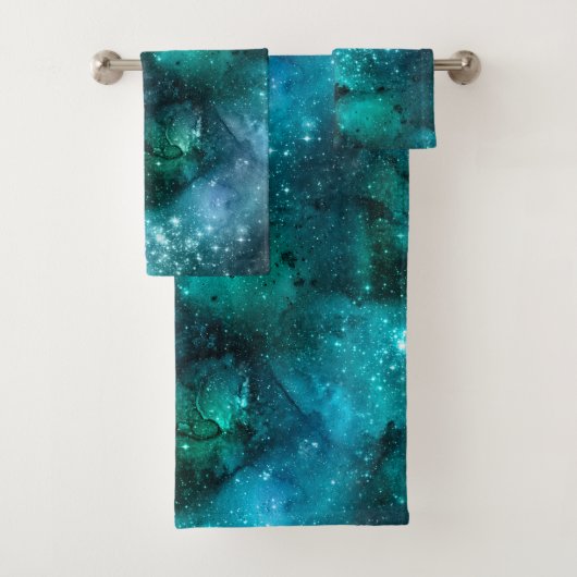 Blauwgroen ontwerp uit de galaxreeks 6 bad handdoek (Insitu)