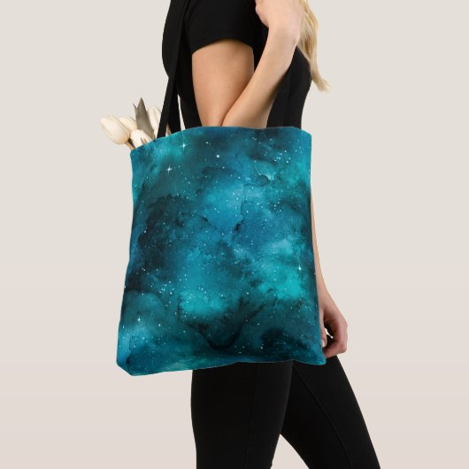 Blauwgroen ontwerp uit de galaxreeks 7 tote bag (Dichtbij)