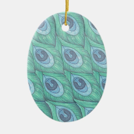 Blauwgroen ontwerp van het Peacock-ventilatorpatro Keramisch Ornament (Voorkant)