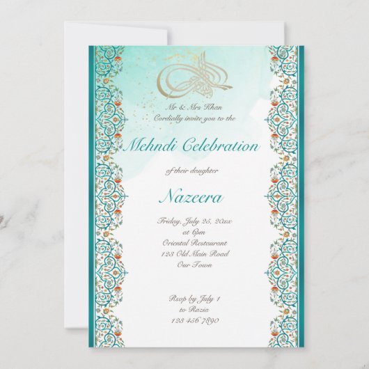 Blauwgroen oosterse ornament kaart (Achterkant)