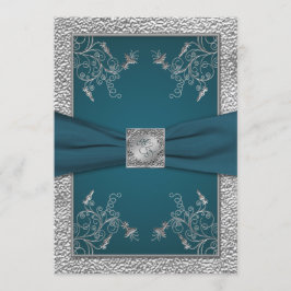 Blauwgroen op FAUX Pewter Monogram Bruiloft Uitnod Kaart