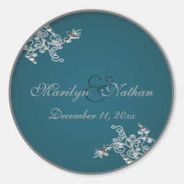 Blauwgroen op Pewter Monogrammed 1.5"Ronde Sticker