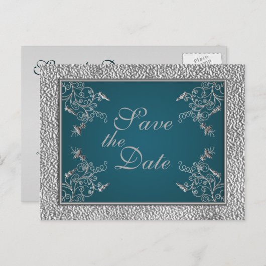 Blauwgroen op Pewter Save the Date Briefkaart (Voorkant / Achterkant)