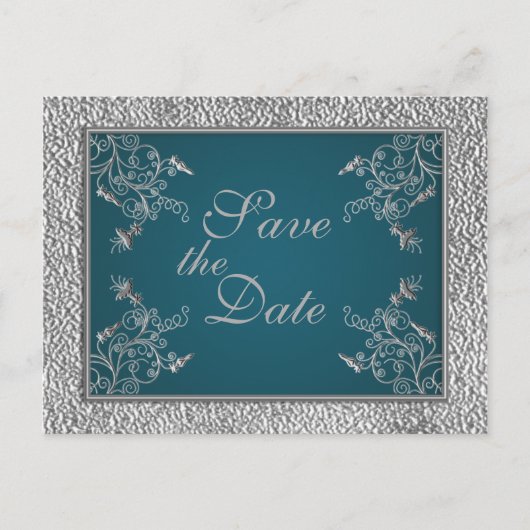 Blauwgroen op Pewter Save the Date Briefkaart (Voorkant)