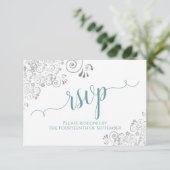 Blauwgroen op White Elegant Calligraphy Frilly Wed RSVP Kaartje (Staand voorkant)