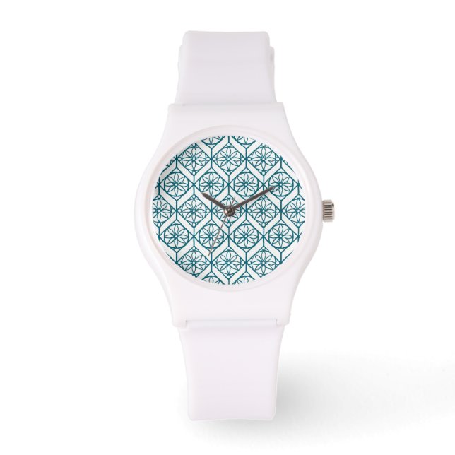 Blauwgroen op White Ethnic Pattern, Flowers, Chevr Horloge (Voorkant)