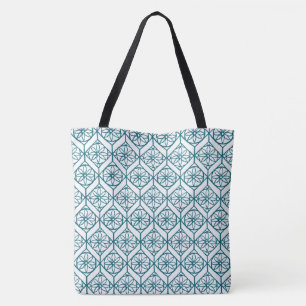 Blauwgroen op White Ethnic Pattern, Flowers, Chevr Tote Bag