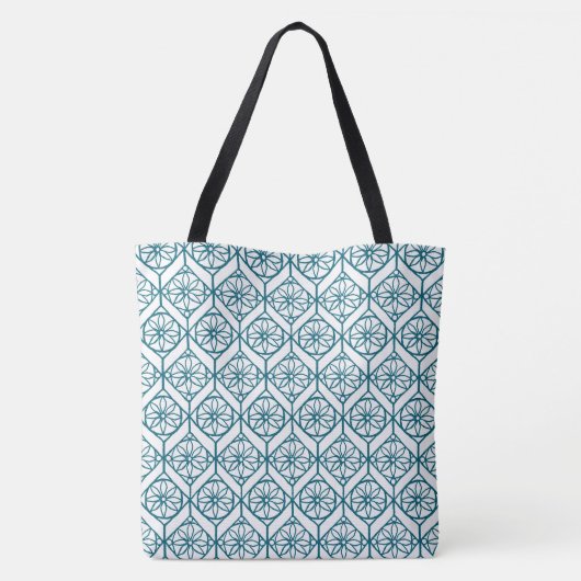 Blauwgroen op White Ethnic Pattern, Flowers, Chevr Tote Bag (Achterkant)