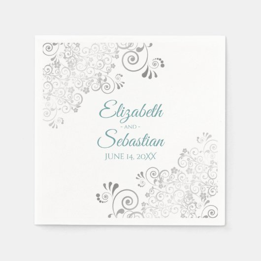 Blauwgroen op Wit met Zilveren Vrienden Elegant We Servet (Voorkant)