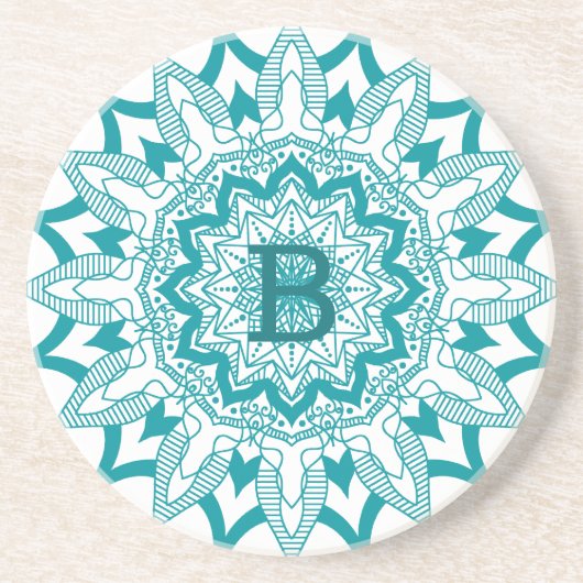 Blauwgroen op witte monogram mandala zandsteen onderzetter (Voorkant)