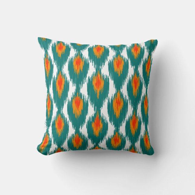 Blauwgroen Oranje Abstract Tribaal Ikat Diamond Pa Kussen (Voorkant)