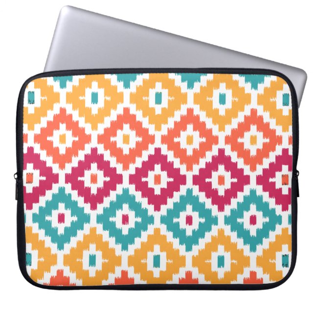 Blauwgroen Oranje Aztec Tribal Print Ikat Diamond  Laptop Sleeve (Voorkant)