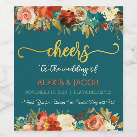 Blauwgroen & Oranje Bloemen Bruiloft Wijnflesje La Wijn Etiket (Enkel label)