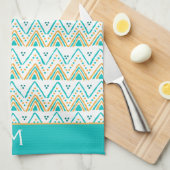 Blauwgroen Oranje Boho Tribal Patroonmonogram Theedoek (Quarter Fold)