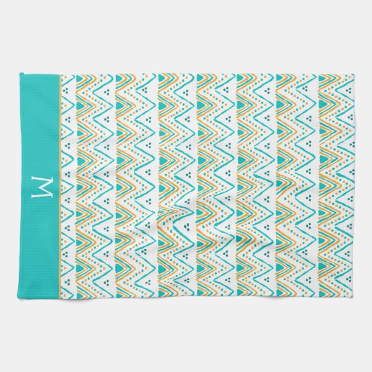 Blauwgroen Oranje Boho Tribal Patroonmonogram Theedoek (Horizontaal)