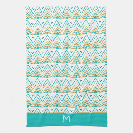 Blauwgroen Oranje Boho Tribal Patroonmonogram Theedoek (Verticaal)