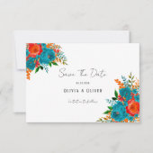 Blauwgroen Oranje botanische Floral Weddenschap be Save The Date (Voorkant)