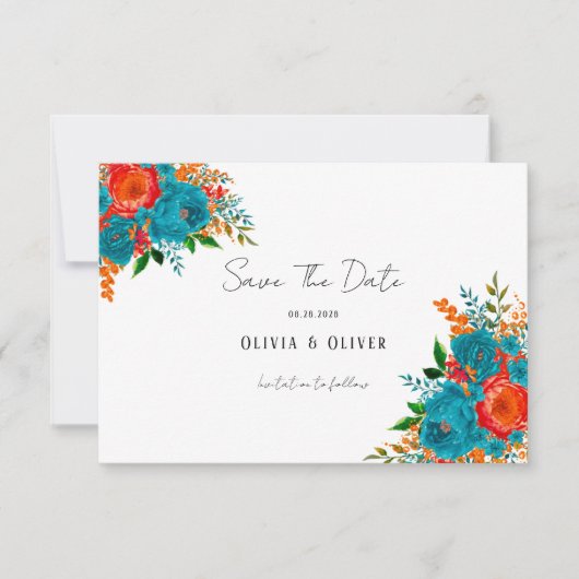 Blauwgroen Oranje botanische Floral Weddenschap be Save The Date (Voorkant)