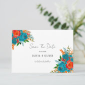 Blauwgroen Oranje botanische Floral Weddenschap be Save The Date (Staand voorkant)