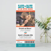 Blauwgroen Oranje bruiloft Sparen het Ticket van h Save The Date (Staand voorkant)