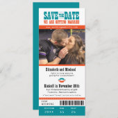 Blauwgroen Oranje bruiloft Sparen het Ticket van h Save The Date (Voorkant / Achterkant)