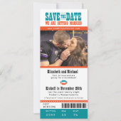 Blauwgroen Oranje bruiloft Sparen het Ticket van h Save The Date (Voorkant)