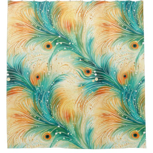 Blauwgroen Oranje crème pauwenveren Douchegordijn (Voorkant)