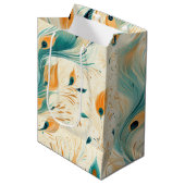 Blauwgroen Oranje crème Peacock Medium Cadeauzakje (Voorkant Gekanteld)