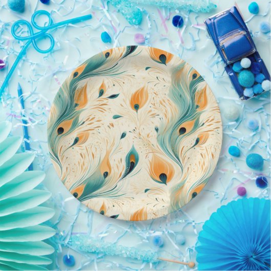  Blauwgroen Oranje crème Peacock Papieren Bordje (Feest)