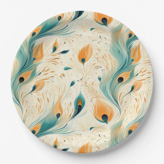  Blauwgroen Oranje crème Peacock Papieren Bordje (Voorkant)