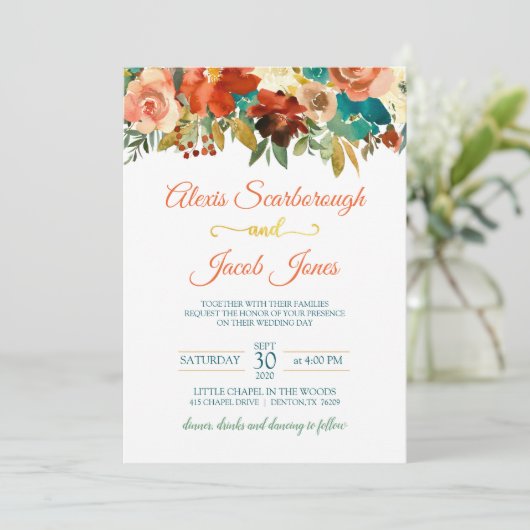 Blauwgroen, Oranje en gouden huwelijksuitnodiging Kaart (Staand voorkant)