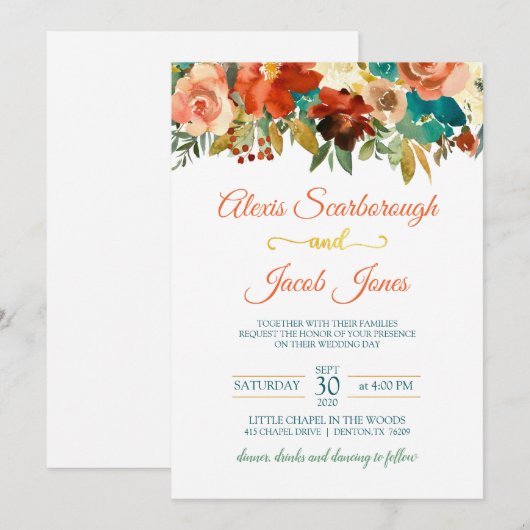 Blauwgroen, Oranje en gouden huwelijksuitnodiging  Kaart (Voorkant / Achterkant)