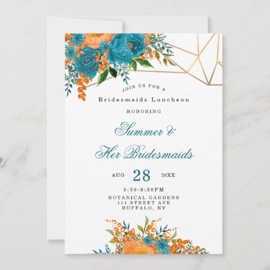 Blauwgroen Oranje goudbrauwmazen Luncheon Kaart (Voorkant)