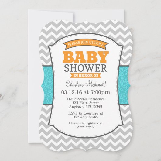 Blauwgroen Oranje Gray Chevron Baby shower Uitnodi Kaart (Voorkant)