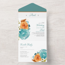 Blauwgroen Oranje Herfst Bloemen Terracotta Boho H All In One Uitnodiging