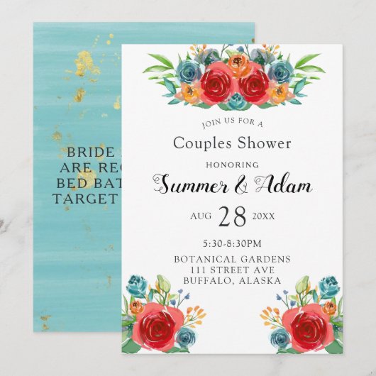 Blauwgroen Oranje rode Florals Gold Couples — Show Kaart (Voorkant / Achterkant)