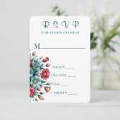 Blauwgroen Oranje rode pioen bruiloft RSVP Kaarten (Staand voorkant)